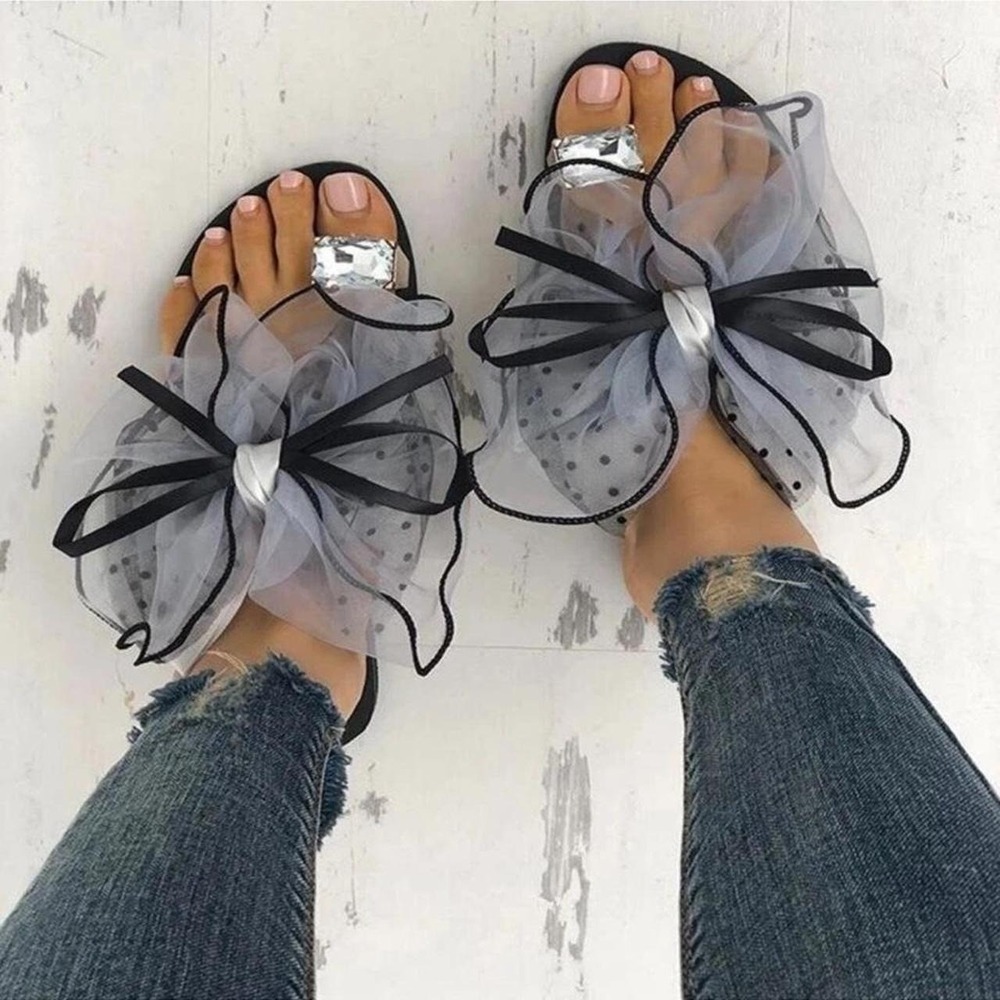 Black & silver mesh bow sandals with rhinestone  ladies sz  7.5